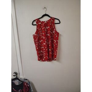 Dalia Womens Red White Floral Sleeveless Blouse Round Neck Keyhole Back Size L